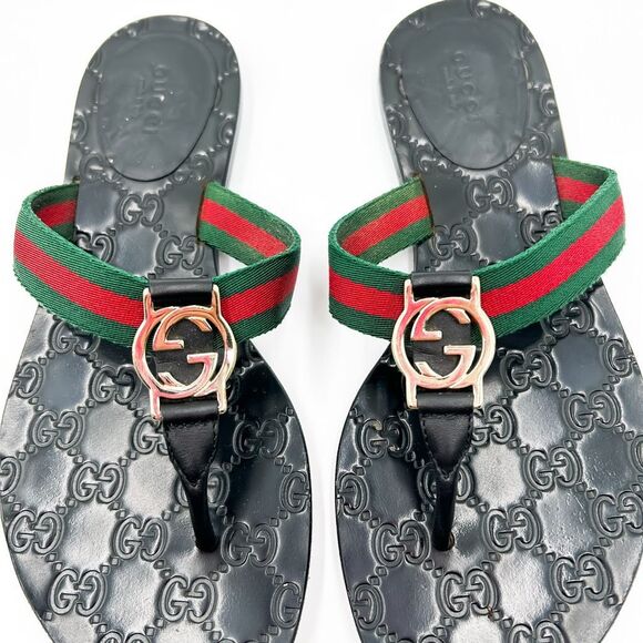 Gucci GG Web Stripe Flip Flop Sandal Black EU 37 US Women's 7 Flat Logo - Picture 7 of 14